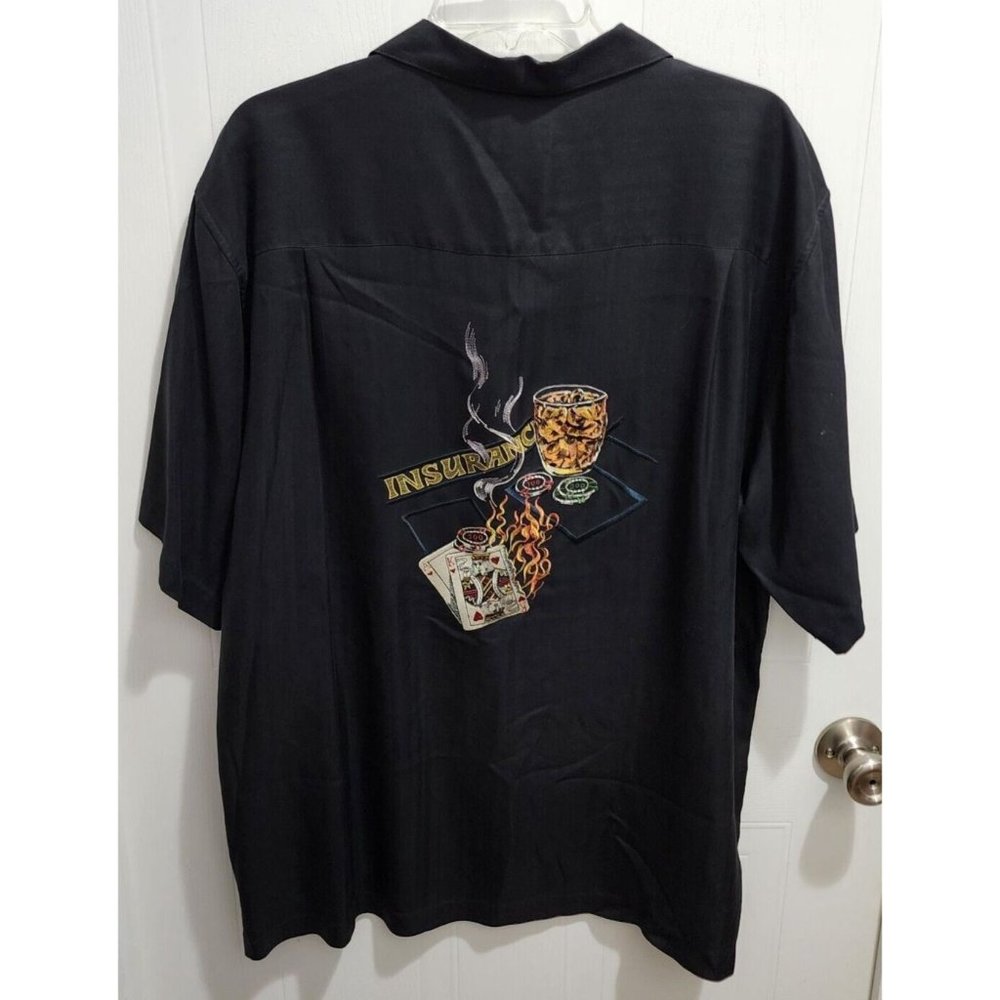 LUAU MENS LARGE 100% FINEST SILK BLACK SHIRT BLACKJACK GAMBLER SMOKING KING - Picture 8 of 11